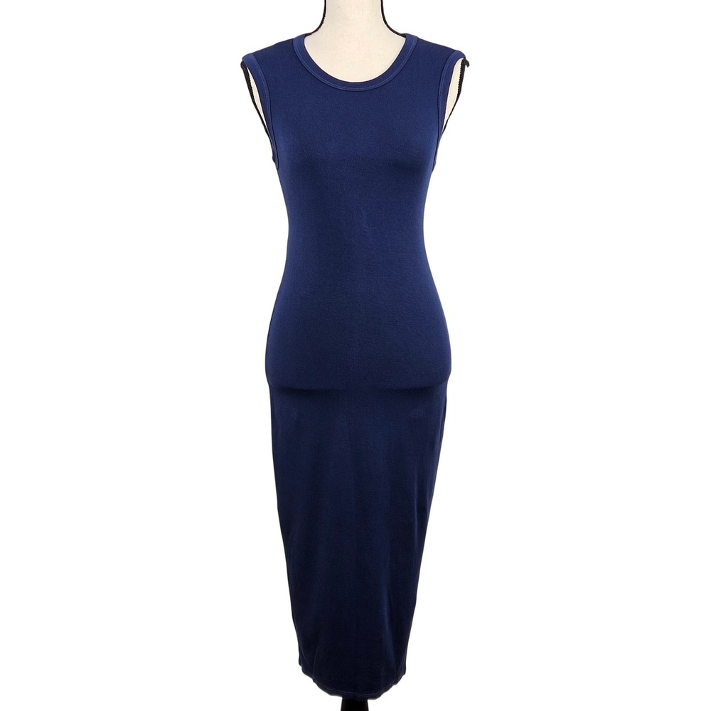Enza Costa Midi Dress Womens XS Navy Blue Silk Blend Twist Back FLAWS